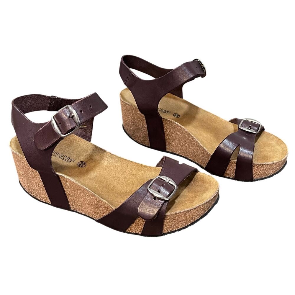 Eric Michael Whitney Brown Leather Cork 3" Wedge Sandals Buckle Straps EU38/Sz 8